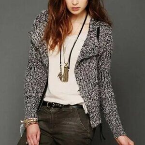 Free People Salt & Pepper Zip Moto Jacket Sweater Size L